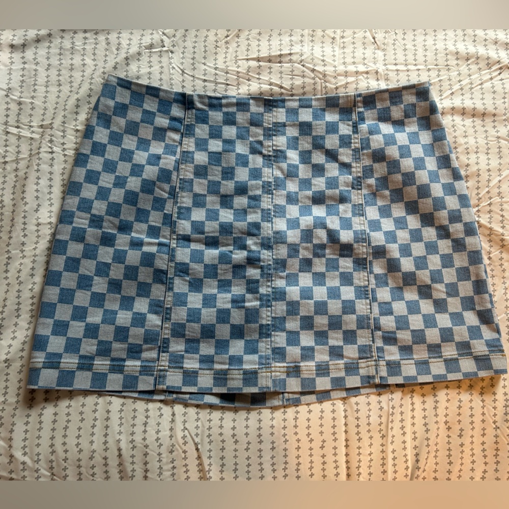 Checkered Blue and White Denim Mini Skirt